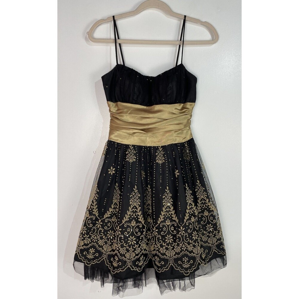 Vtg Y2K Dress 3/4 Black‎ Gold Floral Mini Babydoll Whimsigoth Fairygrunge Mesh